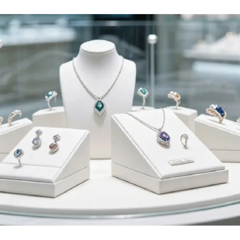 custom.Modern Minimalist White Round Jewelry Display Counter, Lockable 360° Showcase with LED Base Lighting