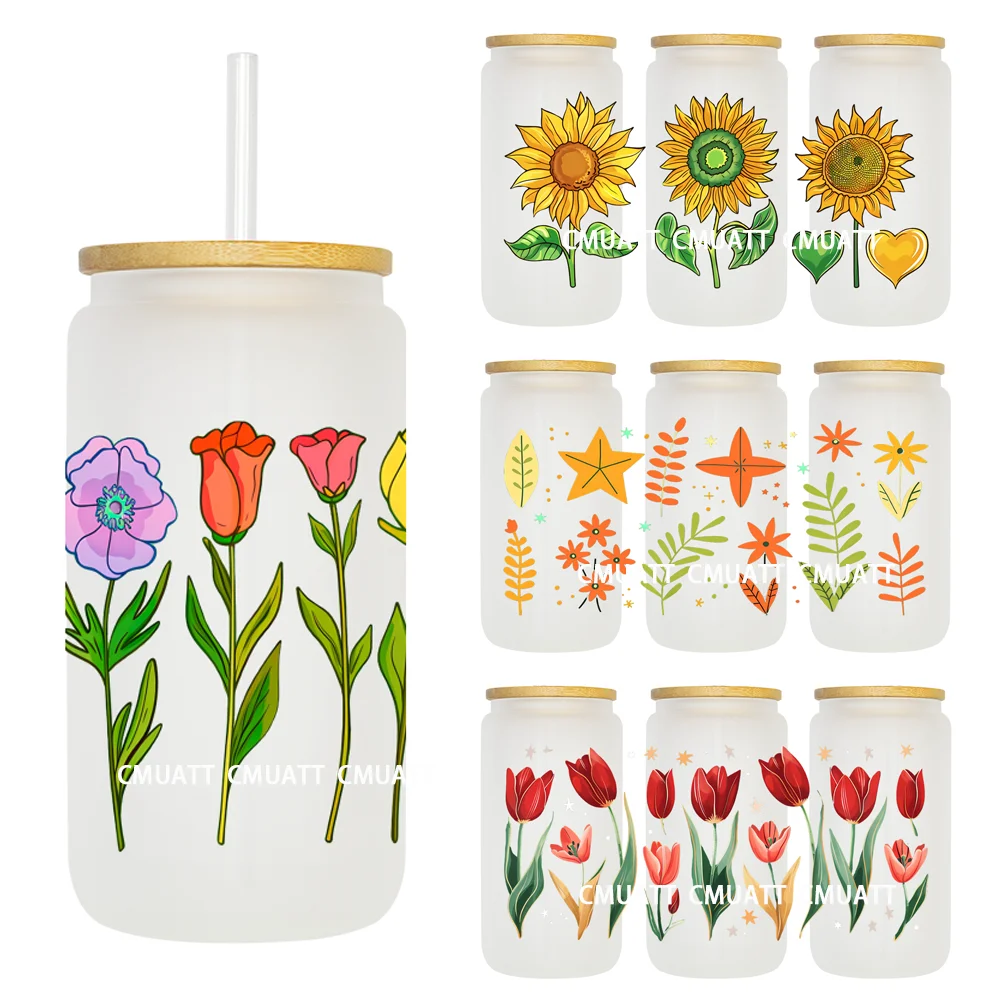 Spring Wildflowers 16OZ UV DTF Cup Wrap Transfer Sticker Custom Label DIY Durable Waterproof Logo For Libbey Glass Can Sunflower