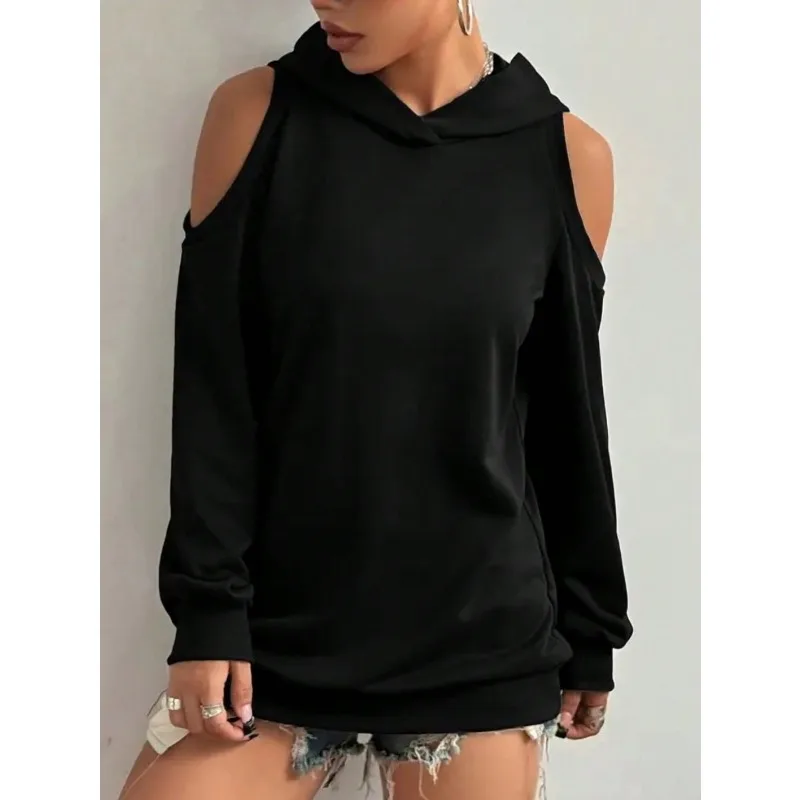 เสื้อสเวตเชิ้ตผู้หญิงไซส์ใหญ่ แขนยาว มีฮู้ด ผูกเชือก สีพื้น ผ้าคุณภาพสูง แบบเปิดไหล่ มีกระเป๋า