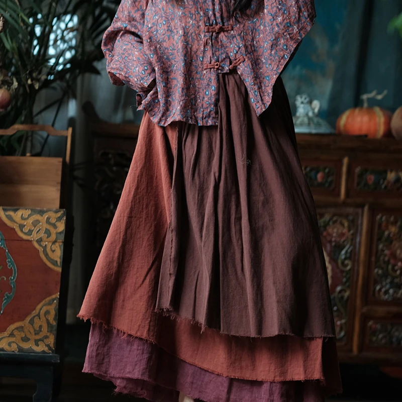 Women Cotton Linen Casual Skirt New Arrival 2026 Autumn Vintage Style Patchwork Color Loose Female A-line Long Skirts M2913