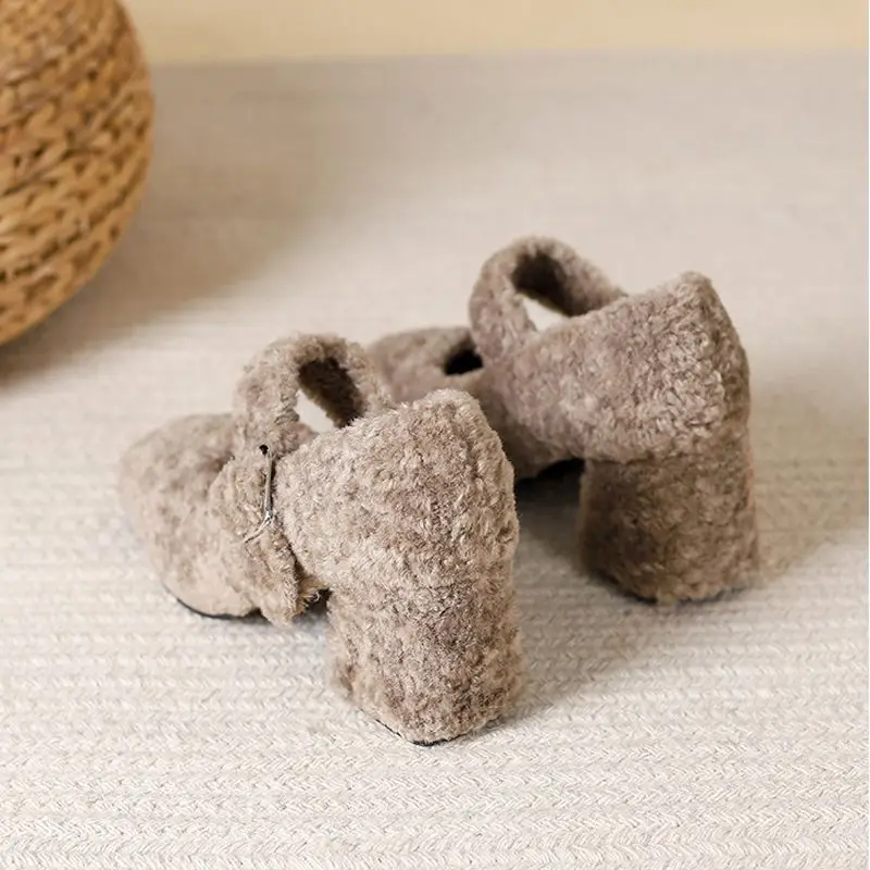 

French Lamb Fur High Heels Elegant Fur Shoes Women's Outdoor Winter Wear Fleece Lined Cotton Shoes Mary Jane Single Shoes