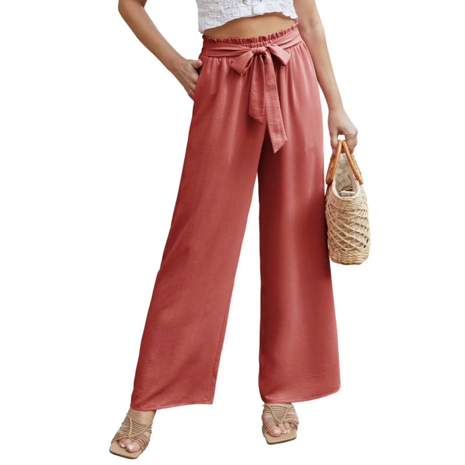 Business Casual Clothes for Women Pants Womens Elastic Belted High Waist Casual Loose Long Pants with Pocket Dress