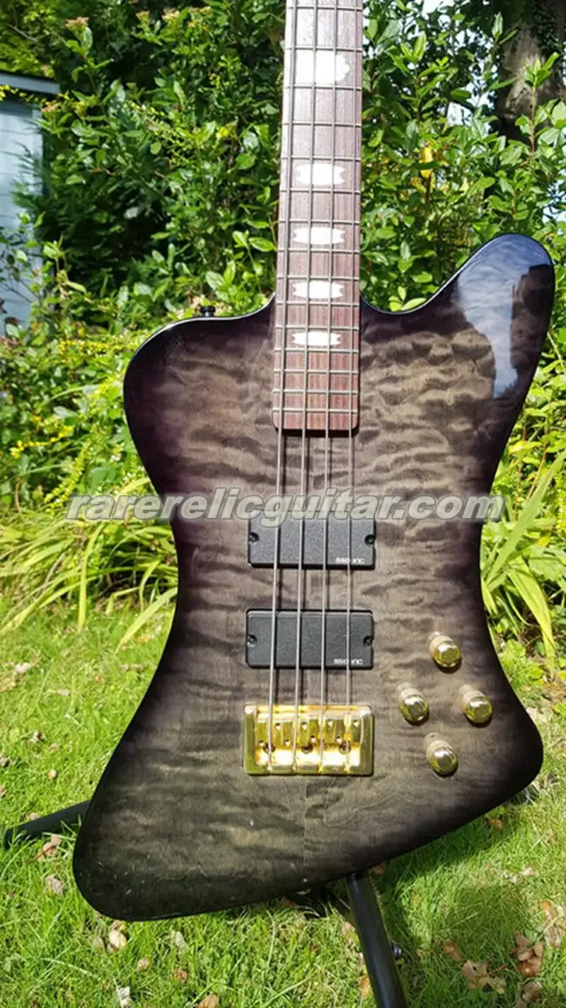 Rare 4 Strings Classic Spectbird Electric Bass Guitar Black Quilted Maple Top, Gold Hardware, Crown Inlay