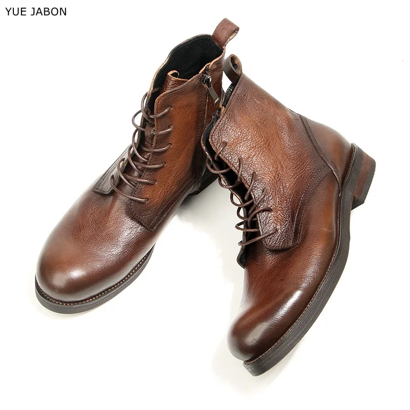 Brown Cowhide Men's Boots Genuine Leather Shoes Men Side Zipper Ankle Boots Handmade Retro Luxury Men's Formal Shoes Black view 3