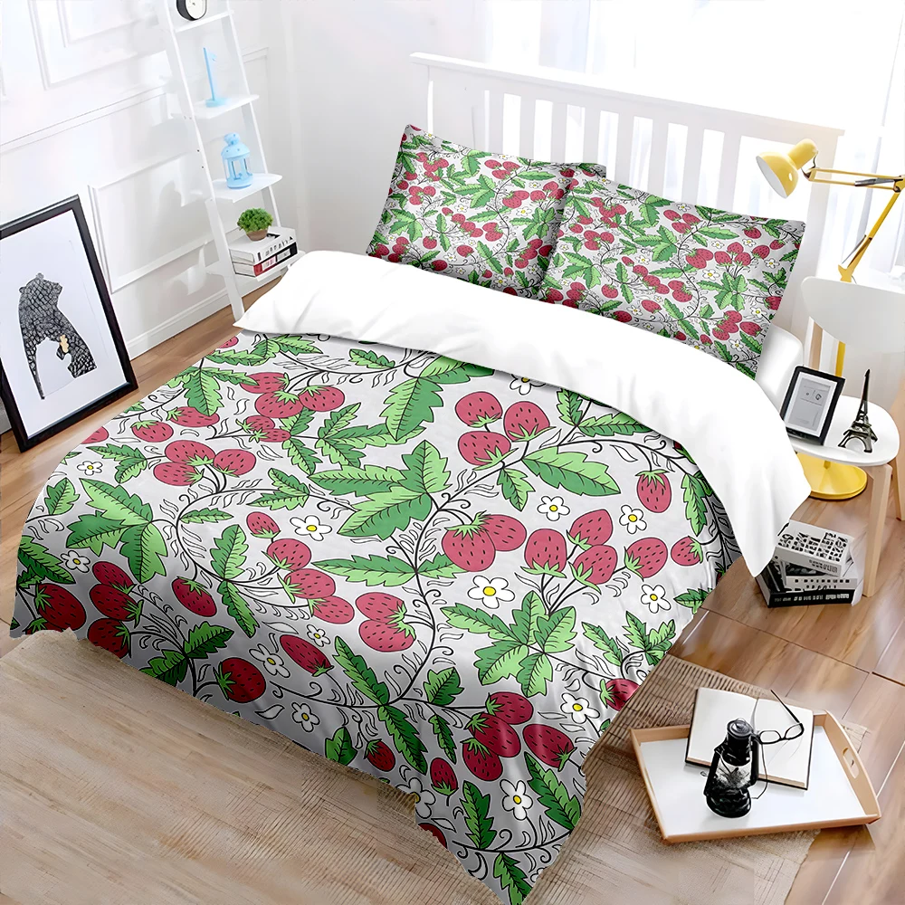 Strawberry and Leaf Pattern Background Print Soft Comfortable Duvet Cover Bedding Set Included 1*Duvet Cover  2*Pillowcases
