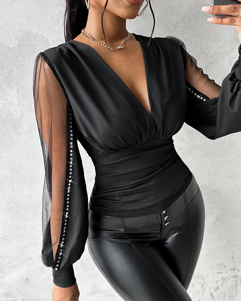 

Модная сексуальная пуловерная рубашка с глубоким v-образным вырезом, женские топы, элегантная прозрачная сетчатая блузка с глубоким вырезом и стразами, женская blusas mujer