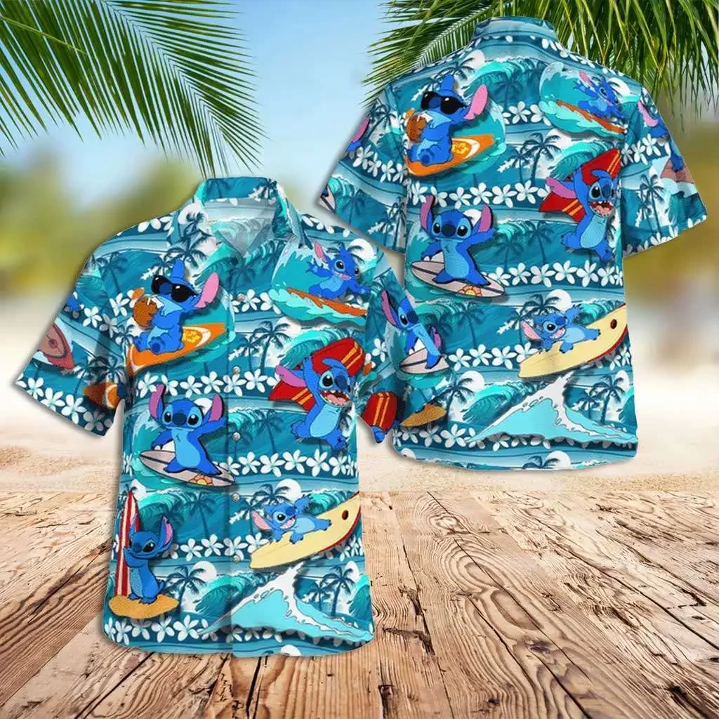 Гавайская рубашка Stitch And Lilo Surf для мужчин, гавайская рубашка Disney, Повседневная летняя рубашка с короткими рукавами и пуговицами для мужчин и женщин