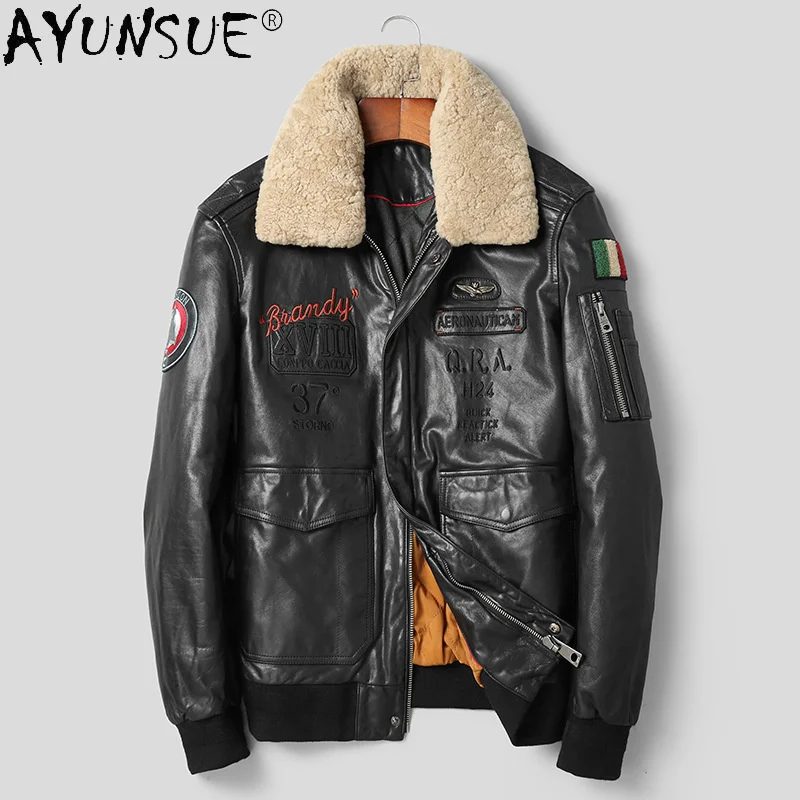 

AYUNSUE Winter 100% Genuine Sheepskin Leather Jacket Male 2024 Short Lamb Wool Collar Coat Biker Jackets for Men Jaquetas Gxy275