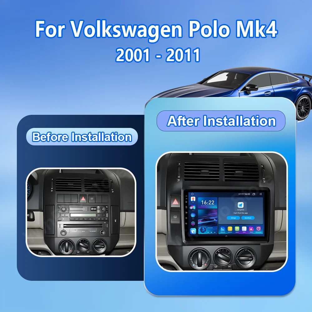 Android 16 For Volkswagen Polo Mk4 2001 - 2011 Car GPS Navigation Carplay Multimedia Video Player Head Unit 4G Touch Screen BT