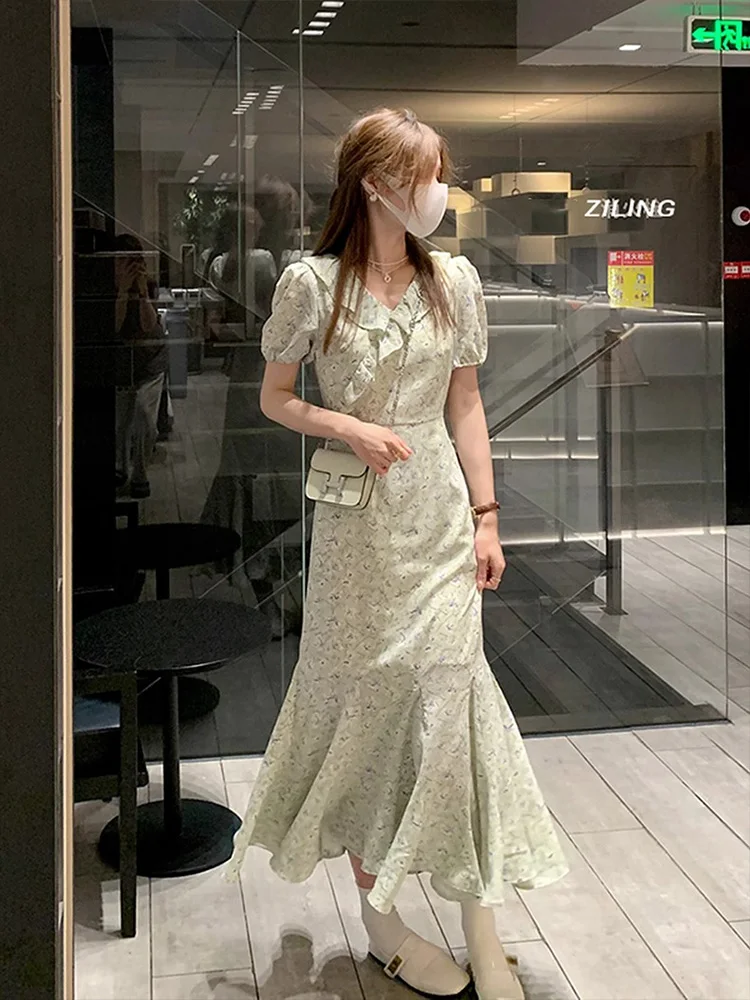 Spring Faion Blumendruck Tea Break Dr Damen Taillen-Cinching Bubble Sve Langer A-Linien-Rock Korean Sle ort Sve