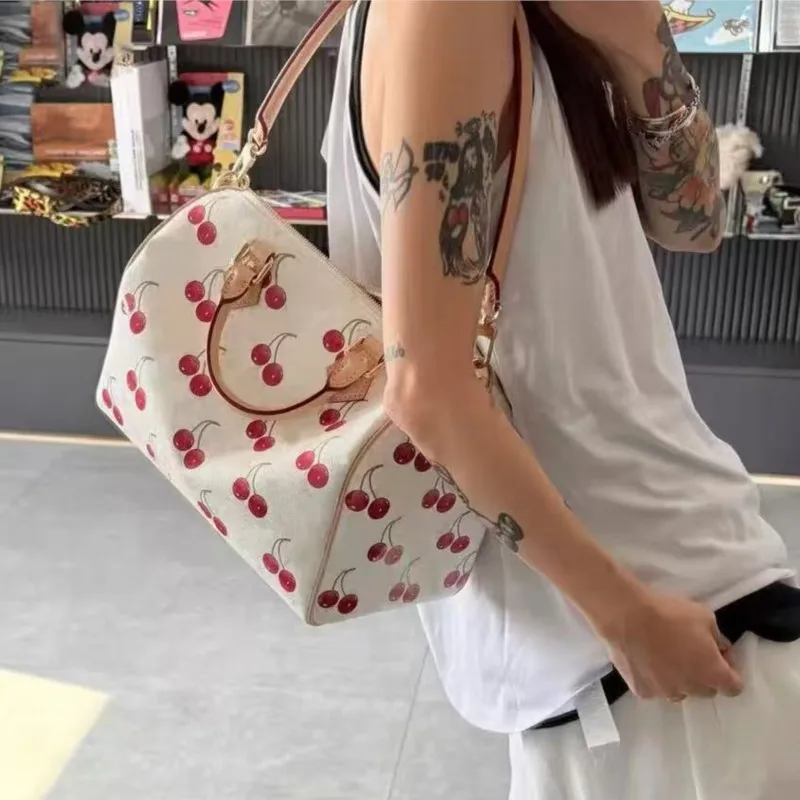 

JIAERDI Sweet Cute Cherry Print Tote Bag Women Cylinder Leather Large Capacity Shoulder Bags Ladies Pillow Underarm Handbag 2025