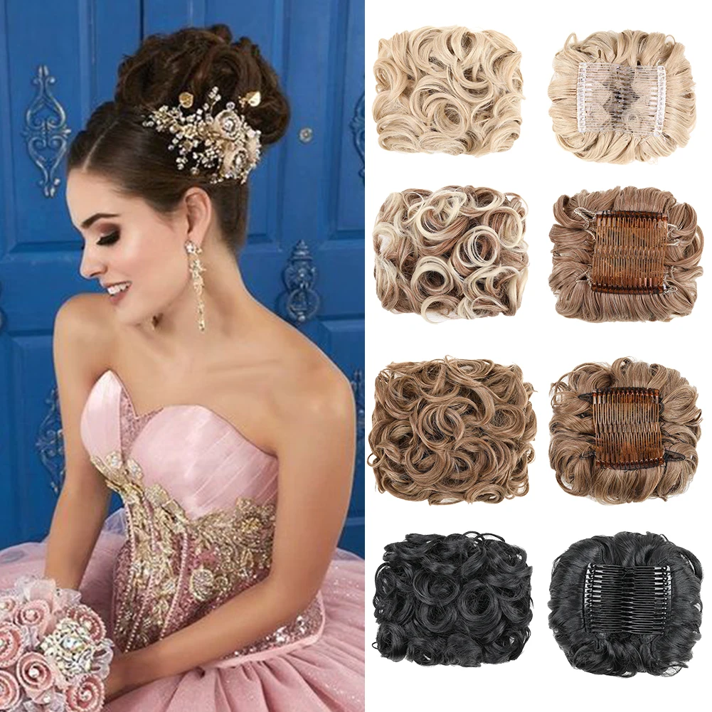 

Short Messy Curly Hair Synthetic Bun Easy Strech Combs in Ponytail Extension Scrunchie Chignon Dish Tray Pony-tail Hairpieces