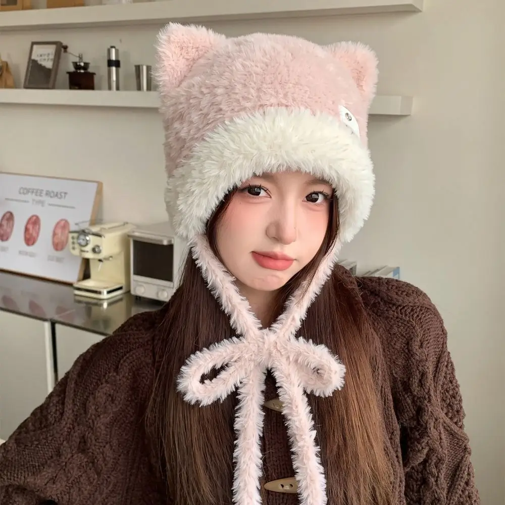 Cute Bear Ear Trapper Hat Chin Drawstring 56-59CM Fuzzy Ear Flap Hat Windproof Fluffy Winter Thermal Hat Cold Weather