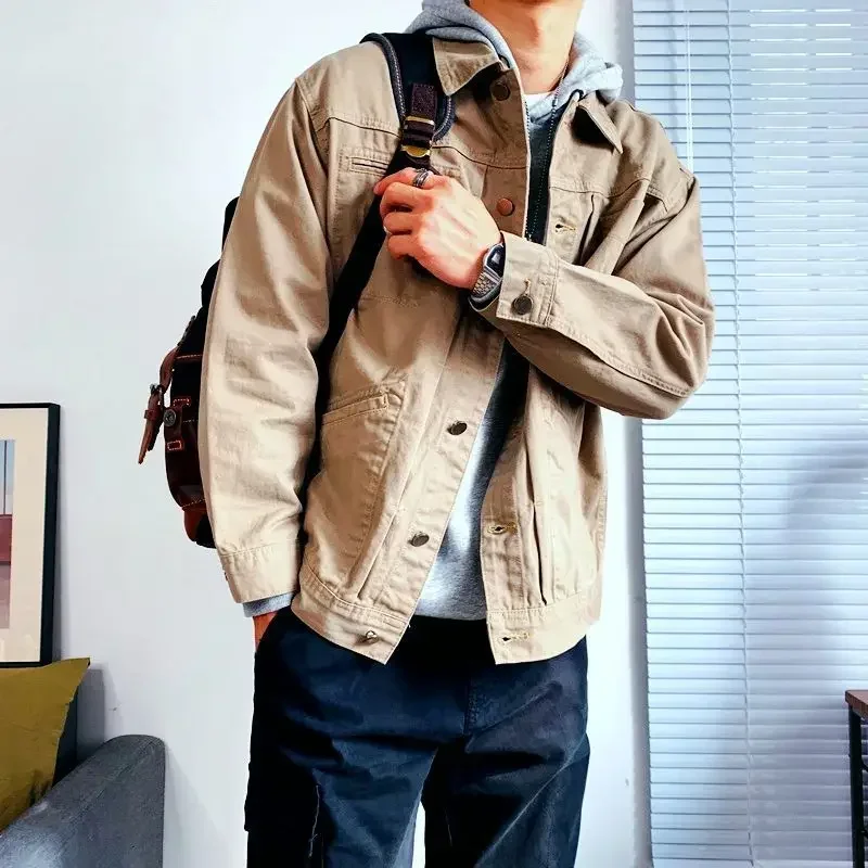 Denim Jackets Man Khaki Cargo Jeans Coat for Men Vintage Large