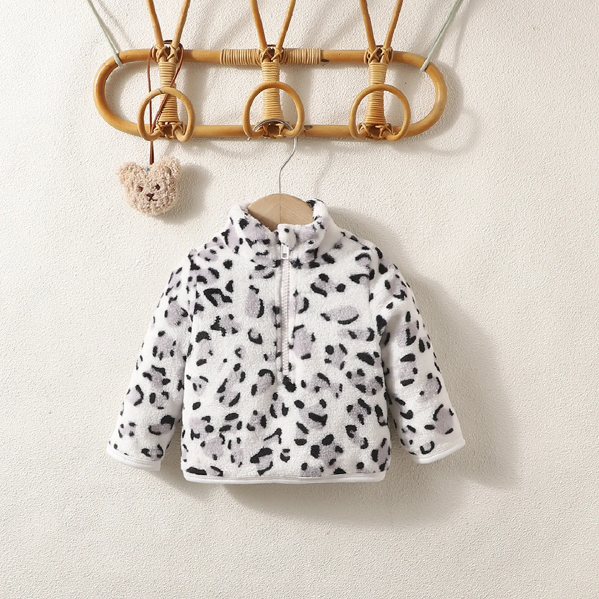 Autumn And Winter Boys And Girls  Coat Round Neck Long Sleeve Leopard Pattern Zipper Warm Top Fashion Kids