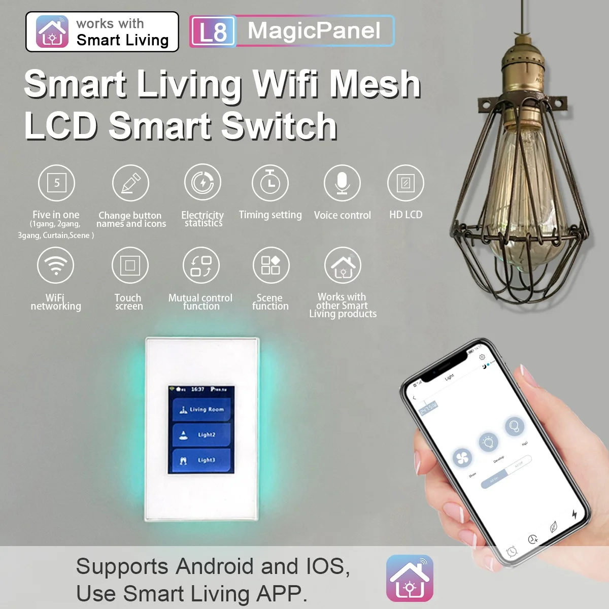 New lanbon LCD L8 switch work with google home and alexa voice control wifi smart switch Tuya/smart life smart home system