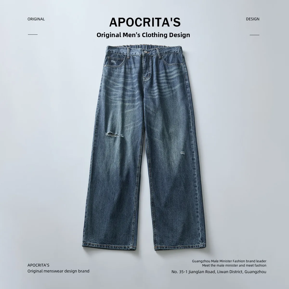 

Waed American High Street Men's Jeans Straight Loose Fit Faionable Long Trousers Casual Spring Cotton Denim mid Waist