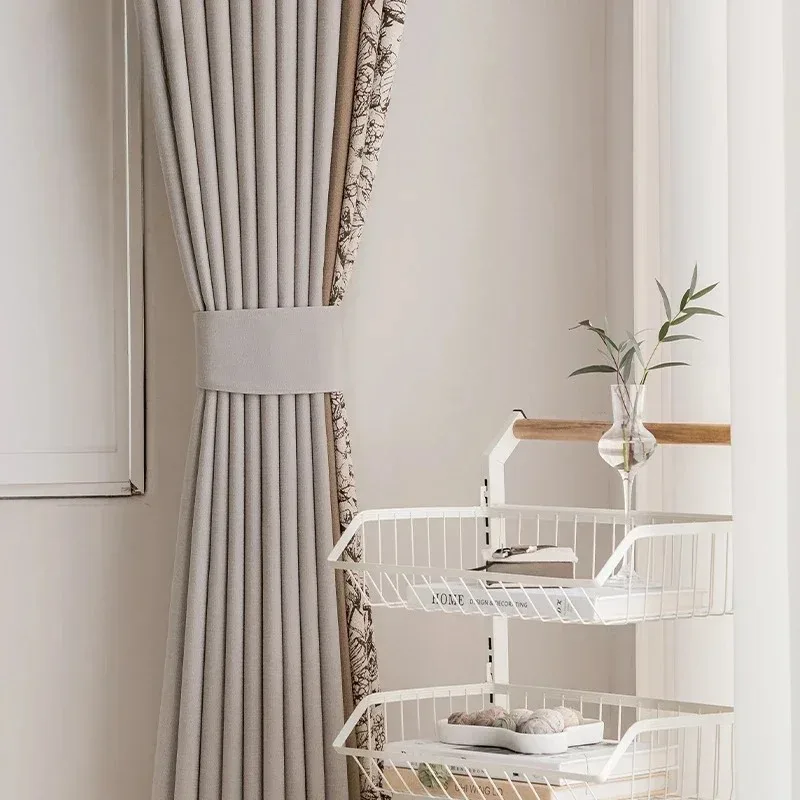 

Modern Curtains for Living Dining Room Luxury Bedroom Minimalist Chenille Blackout Color Blocking Curtains Nature White Tulle