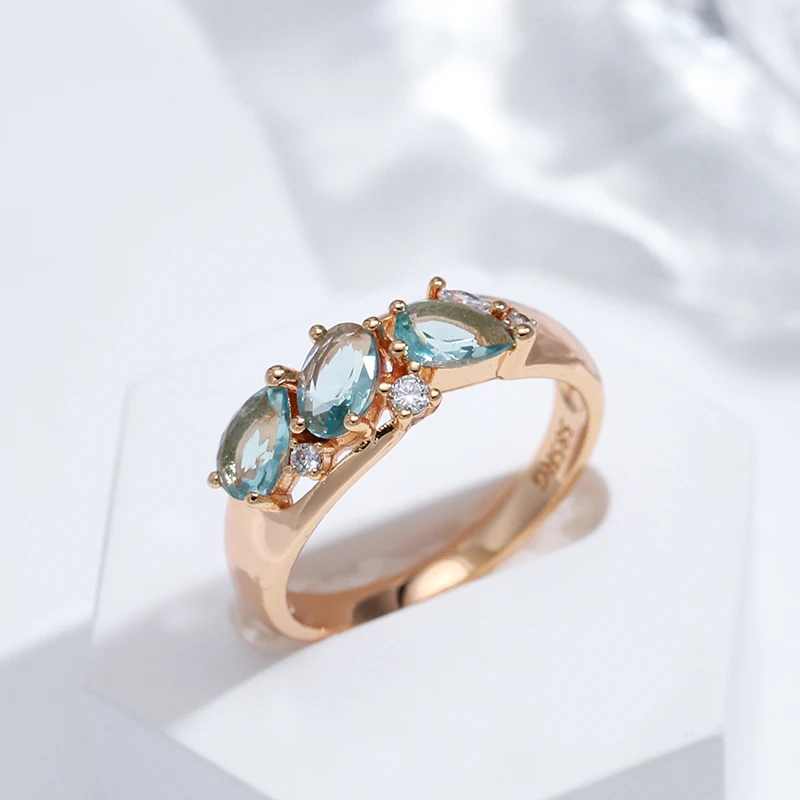 Kinel New Blue Natural Zircon Ring for Women Geometry 585 Rose Gold Rings Vintage Ethnic Bride Wedding Jewelry Party Accessories