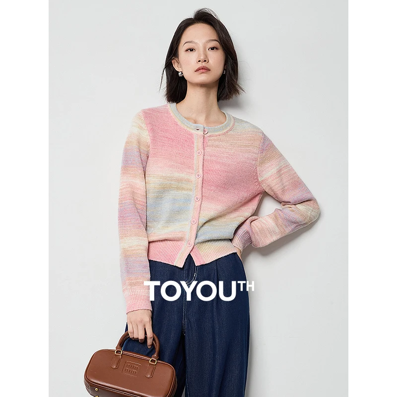 TOYOUTH Women Sweater 2024 Autumn New Rainbow Gradient Color Round Neck Single Breasted Button Cardigan Outwear Coat