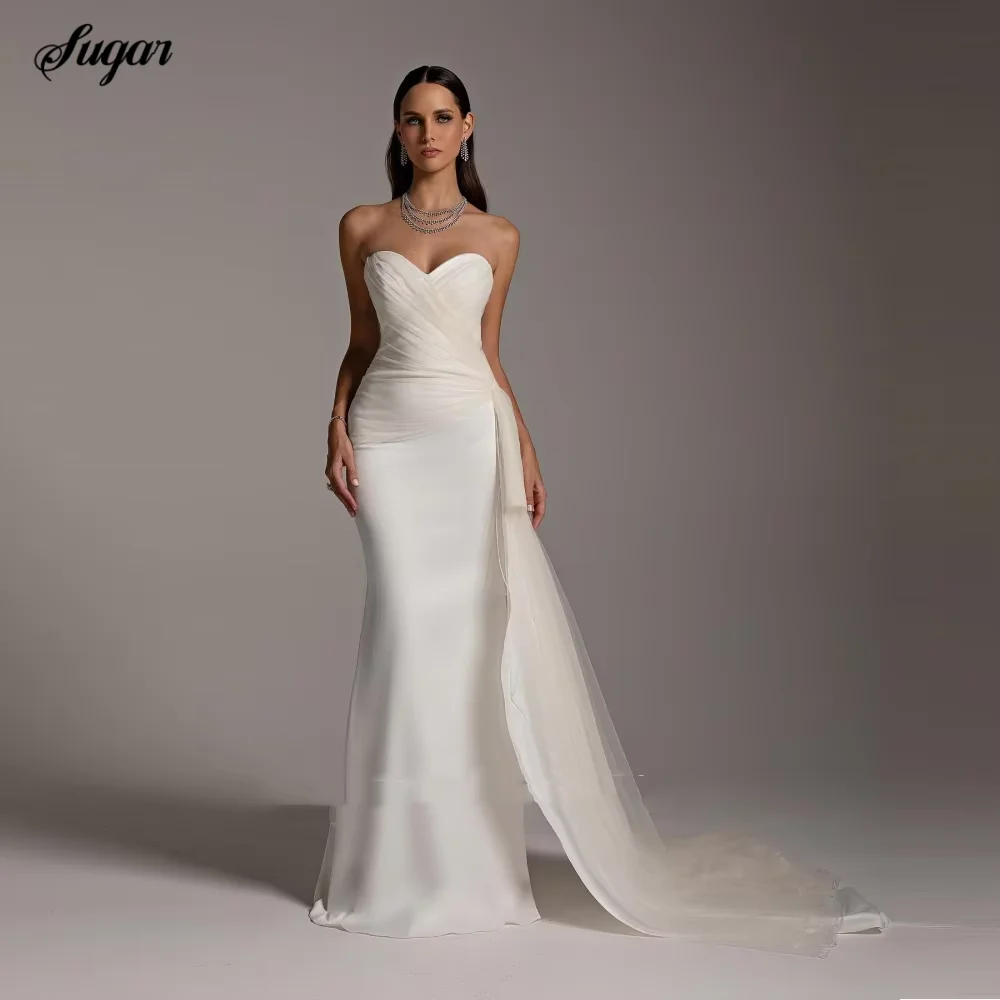 

Sweetheart Off Shoulder Wedding Dress Crepe Strapless Mermaid Sleeveless Pleated Floor-Length Elegant Exquisite Morden style