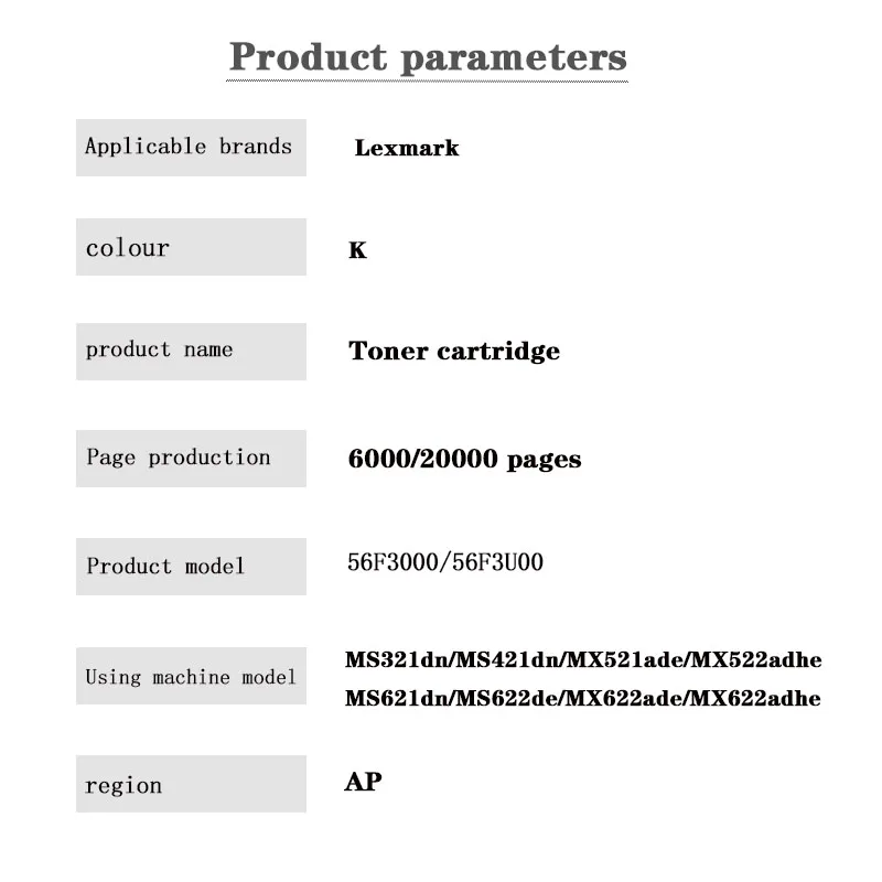 56F3000 56F3U00 6K 20K AP toner cartridge for  Lexmark MS321dn/MS421dn/MS521dn/MX522adhe/MS621dn/MS622de