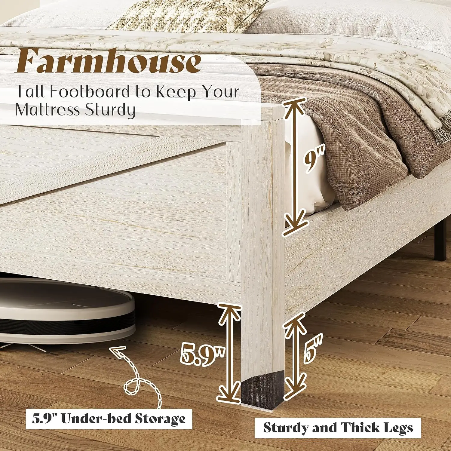 King Farmhouse Platform Bed Frame with Storage Headboard, Custom view 5