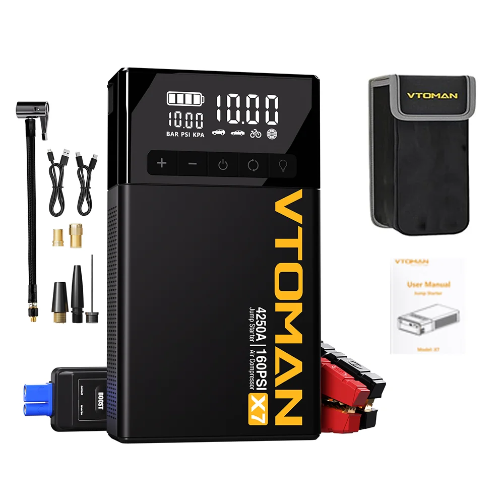 VTOMAN X7 4-in-1 auto-starthulp 4250A - 160 PSI luchtcompressor, 12V auto-accu-booster en draagbare powerbank