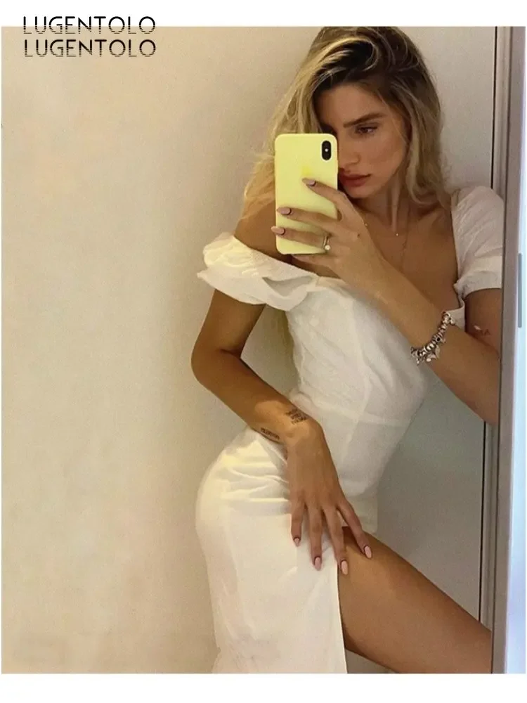 Women Sexy Dress Summer Short Sleeve Slim White Lady Square Collar Empire Side Split Middle Length Clothing image 3