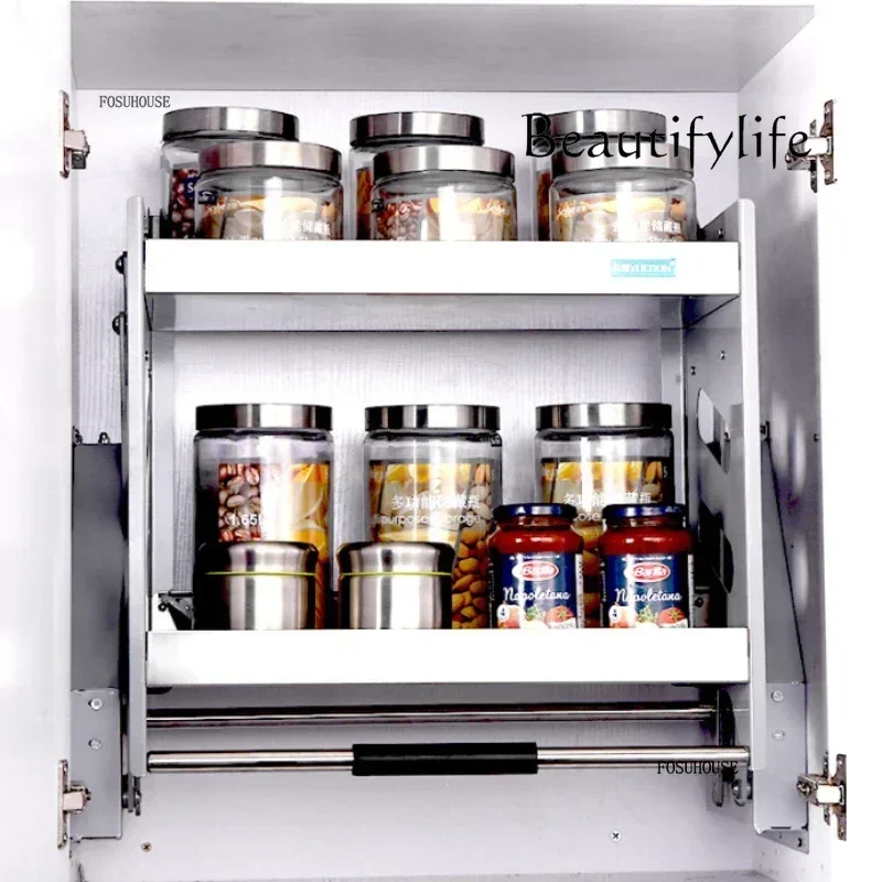 BJ Nordic Wall Mounted Kitchen Racks Lift Pull Basket Kitchen Cabinet Stainless Steel Drawer Baskets Seasoning Bottle Storage R