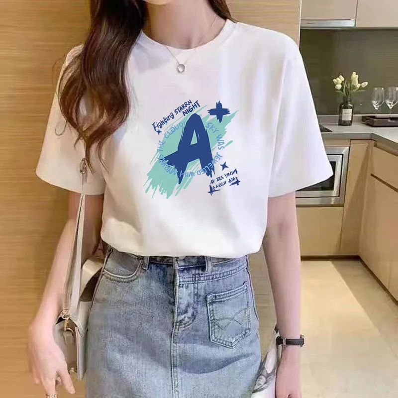 100% Pure Cotton 200 Catty Girl's T-shirt Summer Loose Casual Top Threaded Collar with Edging 3D Pattern for Women's Clothing