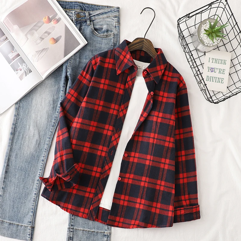 2024 Autumn Women\'s Red Black Plaid Shirt Lady Fit Long Sleeve Cotton Casual Shirts & Tops Ladies Multicolor Checkered Clothes