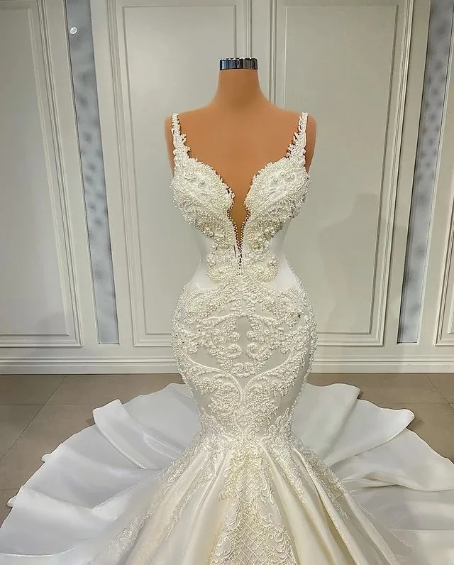 Luxury Wedding Dresses Black Girls Mermaid Lace Beaded Aso Ebi Dubai Saudi Arabia Bridal Gowns Vestido De Novia Customized