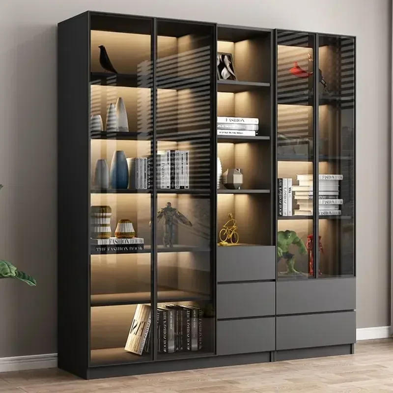 

Modern Dust-Proof Bookcase with Glass Door Display Cabinet Modern Luxury Customized Home Living Room Integrated Bookshelf