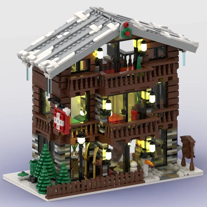 Bloc de construction Moc Village d'hiver technologie suisse de Restaurant et d'hôtel modèle de brique modulaire cadeau jouet de noël ensemble de bricolage assemblage