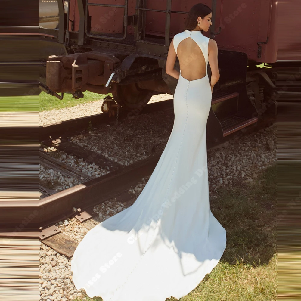 높은 칼라 여성 웨딩 드레스 우아한 백 레이스 새틴 인어 신부 가운 Mopping 길이 파티 Vestidos De Novias 맞춤형