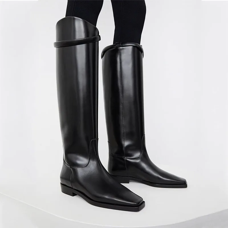 

Arden Furtado knee high black boots Woman fashion Square toe knee high boots wide calf Middle heel genuine leather Riding boots