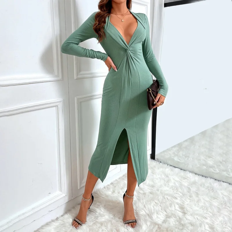 YQ1-Women's Spring Summer Elegant Commuting Sexy Slit Slim FitvLong Sleeve Dress with Collar Mid-Length Bodycon Dress