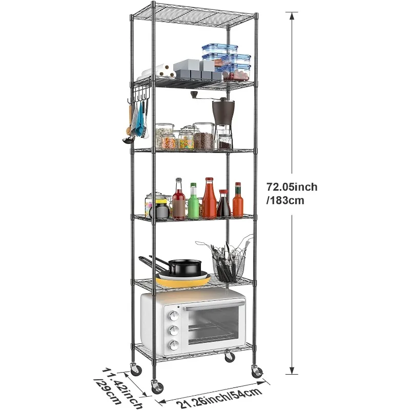 6-Tier Storage Shelf Wire Shelving Unit Free Standing Rack Organization with Caster Wheels, Stainless Side Hooks, Black