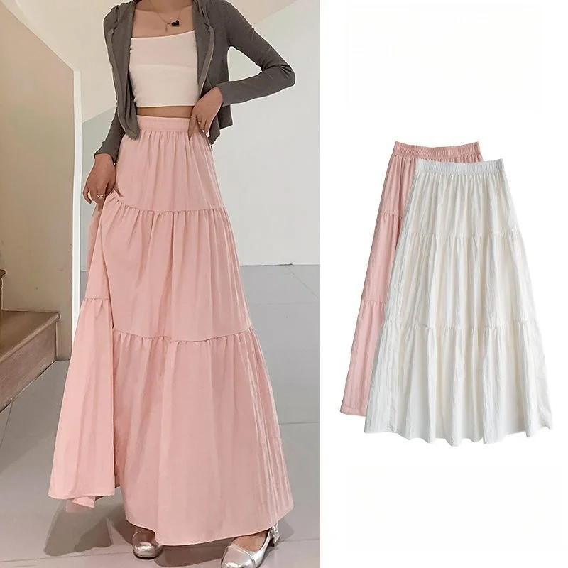 Saia solta dobrável rosa doce elegante cintura elástica a linha saia grande balanço primavera verão casual bolo saia sólida roupas femininas