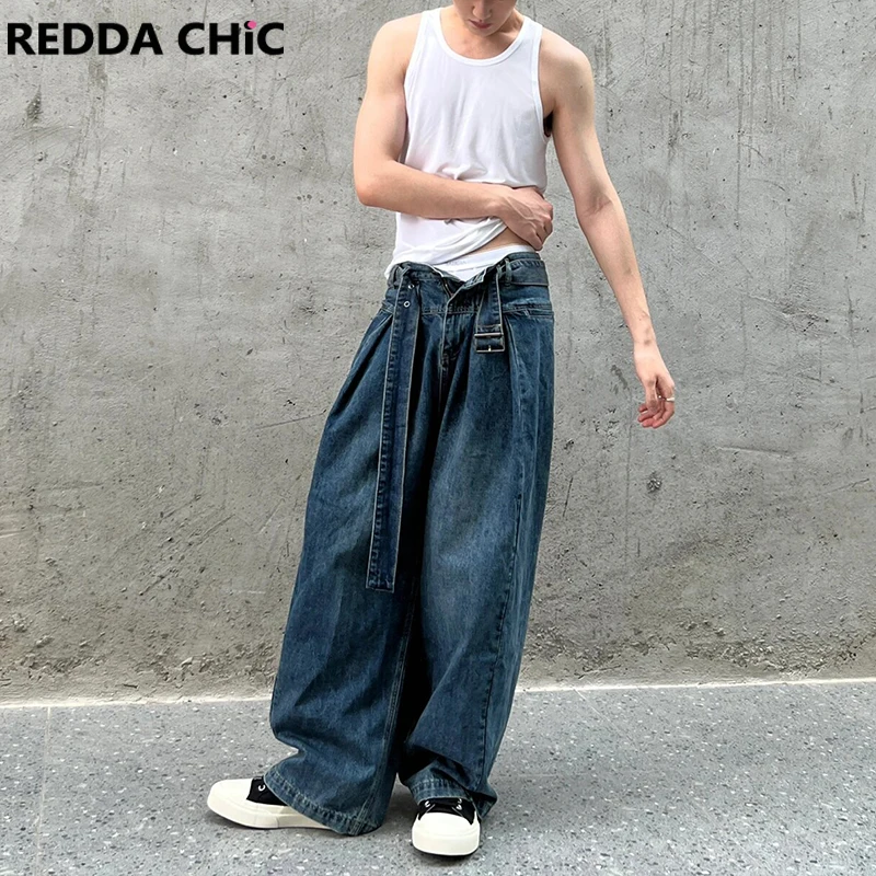 REDDACHIC 90s Retro Belted Baggy Jeans for Men Blue Wash Pleated Straight Wide Leg Casual Pants Korean Trousers Y2k Streetwear