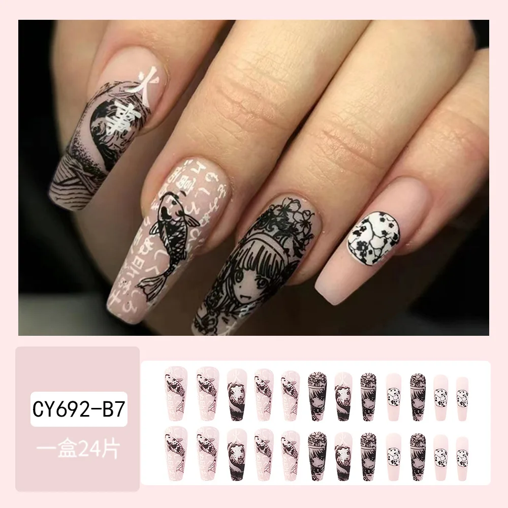 24 قطعة من أظافر الضغط مع موجة، سمكة كوي، وجه فتاة ووودل أسود على قاعدة بيضاء، شكل نعش طويل، مقاسات متنوعة #2