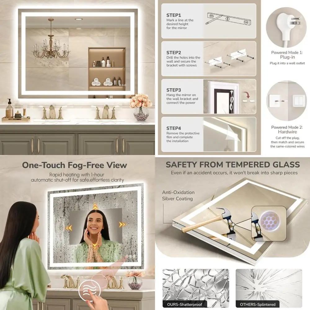 Espelho de banheiro de vidro temperado retroiluminado LED sem moldura de 48 x 36 polegadas com iluminação de vaidade