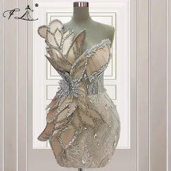 Customized Champagne Beaded Cocktail Dress 2024 Illusion Short Prom Homecoming Gown Wedding Guest Party Dress