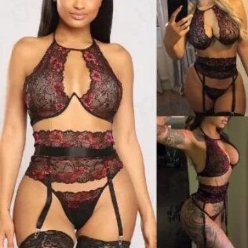 

European & American New Sexy Black Lace Embroidery Lingerie Set (Bra, Panties & Waist Belt) - Bedroom Apparel