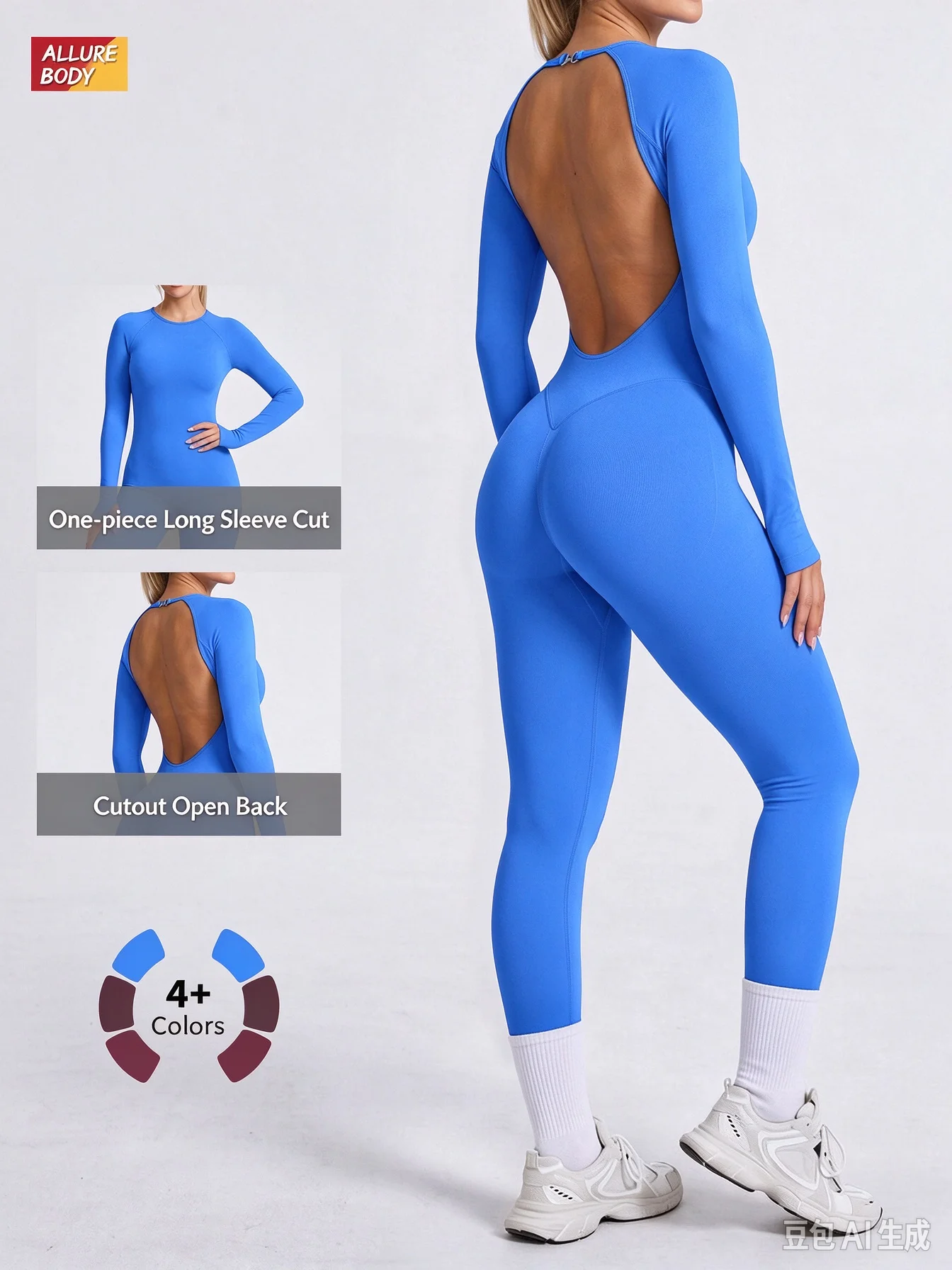 Womens One Piece Yoga Jumpsuit Long Sleeve Long Pants Seamless High Stretch Solid Color for Gym Workout Fitness Training