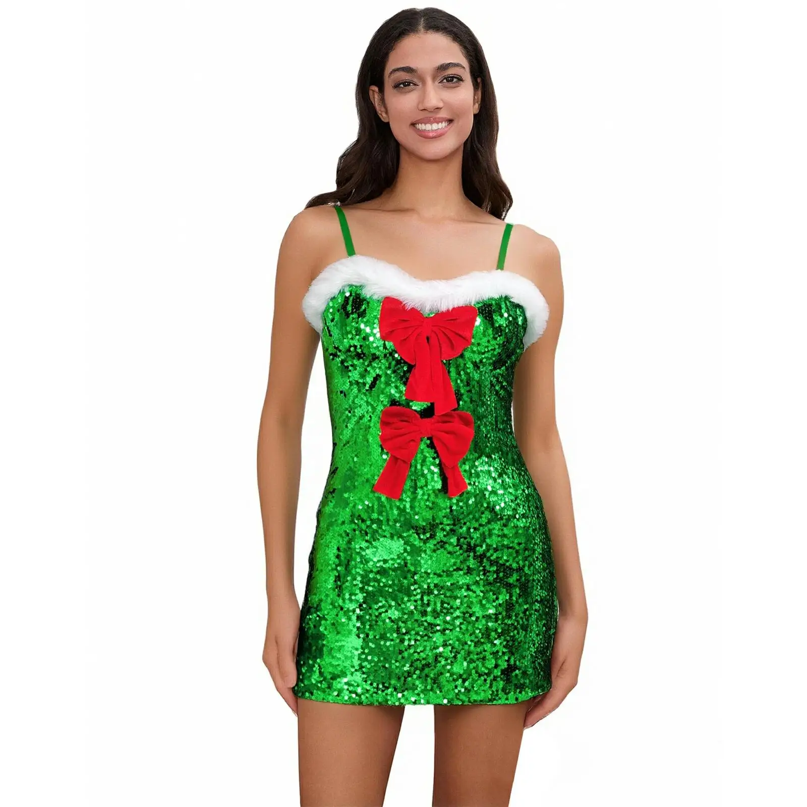 Women's Christmas Dress with Arm Sleeves Deluxe Glitter Sequin Feather Strapless Bodycon Mini Dress Holiday Costume