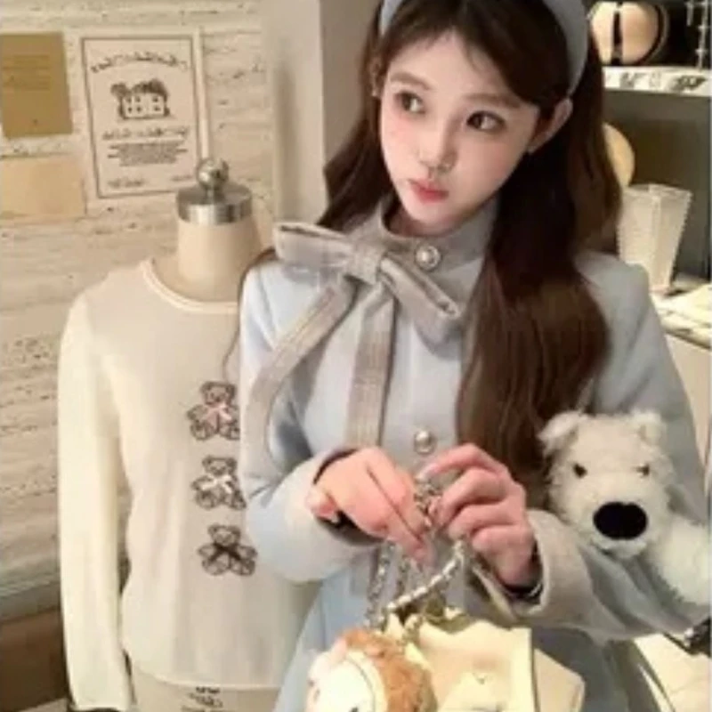 النمط الفرنسي خمر معطف فستان من الصوف الأنيق المرأة لطيف الحلو القوس كم طويل زر الأزرق جاكيتات الشتاء موضة ملابس خارجية ضئيلة #2