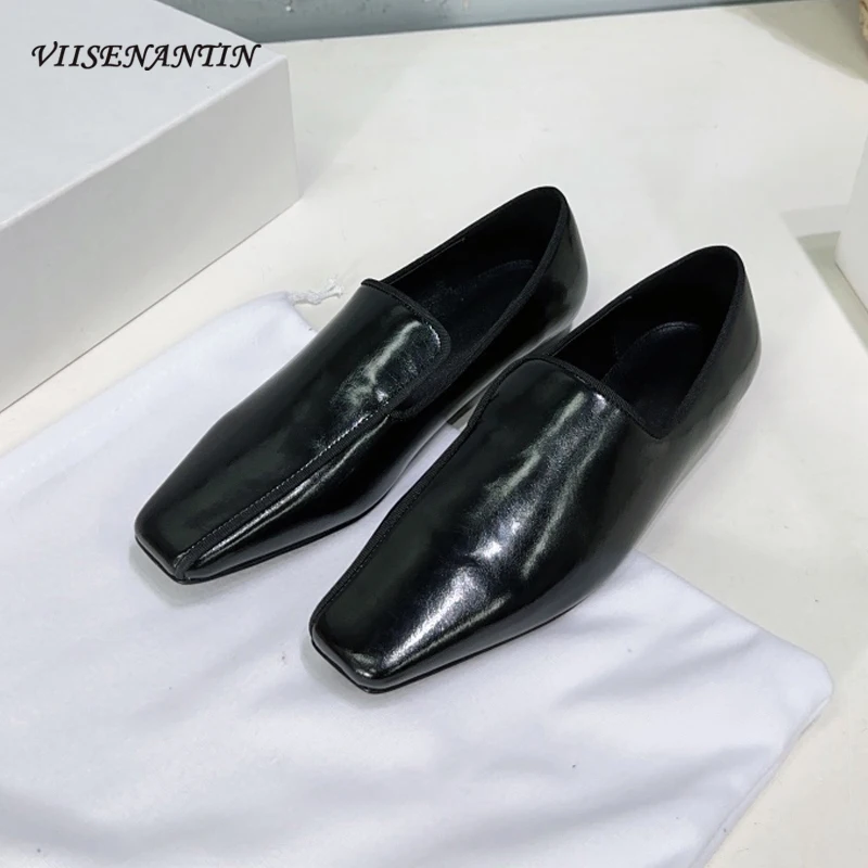 

Chic Fashion Square Toe Low Heel Flats Women Spring Autumn Solid Color Concise Genuine Leather Walking Casual Shoe Females Basic