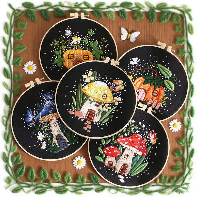 

Mushroom Pumpkin DIY Embroidery Kit with Hoop Needlework Handmade Supplies Cross Stitch Set for Beginners Home Decoration Gift